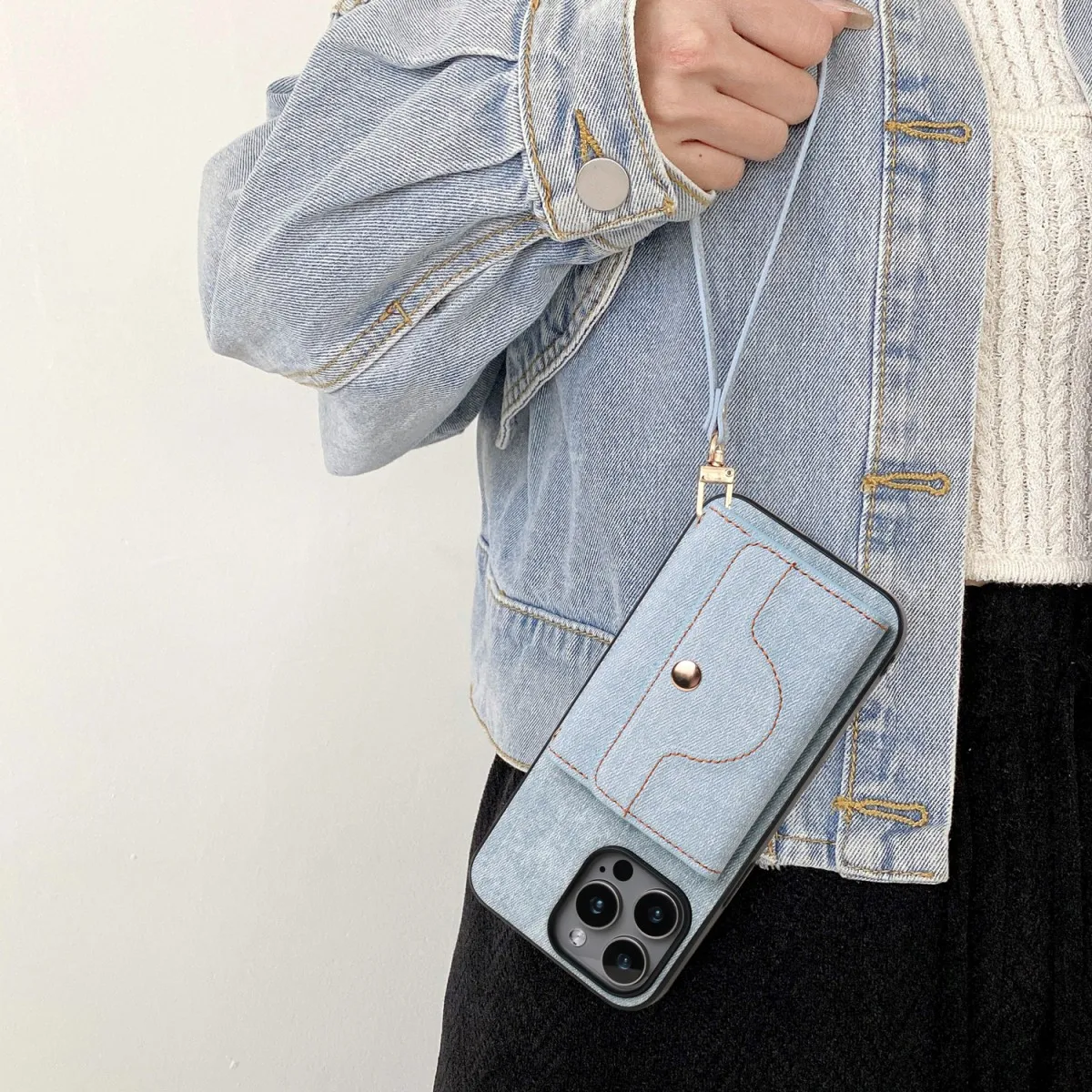 Denim Textured TPU+PU Leather Case with Rope Hanging Mirror Card