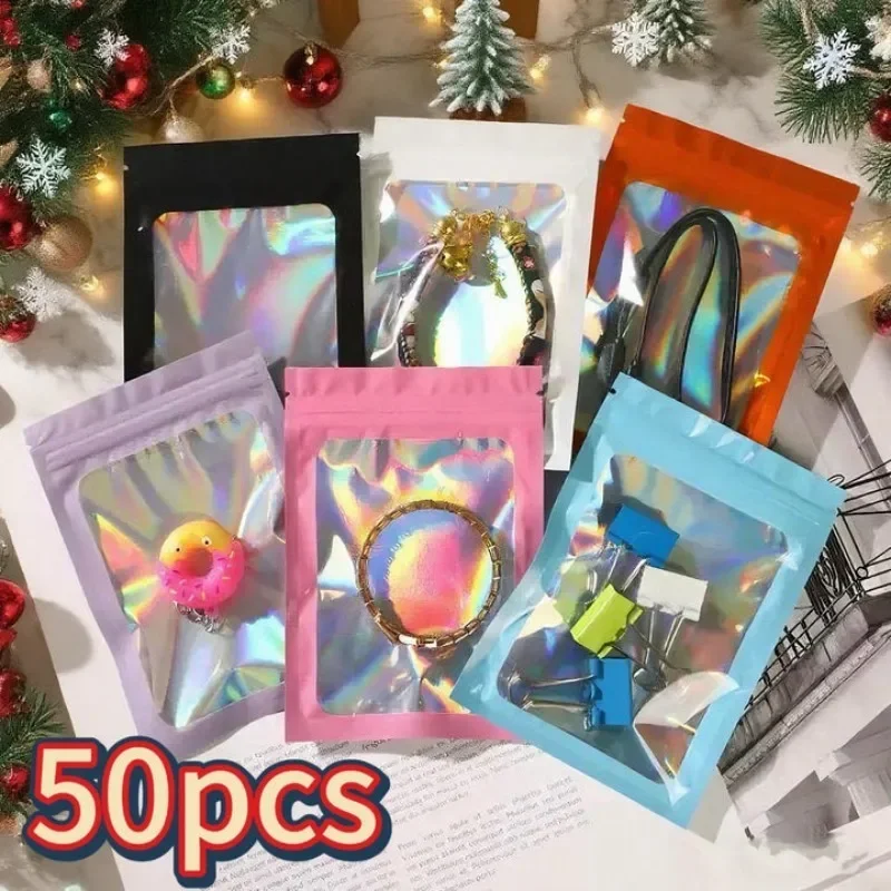 Wiederverschließbare Aufbewahrungstasche mit Reißverschluss, Aluminiumfolie, Mylar-Geruch, Kunststoff, flach, durchsichtiges Fenster, Verpackungsbeutel für Party-Schmuck – Detail 3