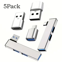 Versatile USB Adapter Set with Fast - Charging Hub and OTG Support (5 - Pack) (Silver)