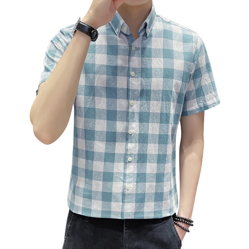 

New Daily Shirt Men's Youth Slim Short Sleeved Plaid Casual Comfortable Breathable Cotton Shirt Tops