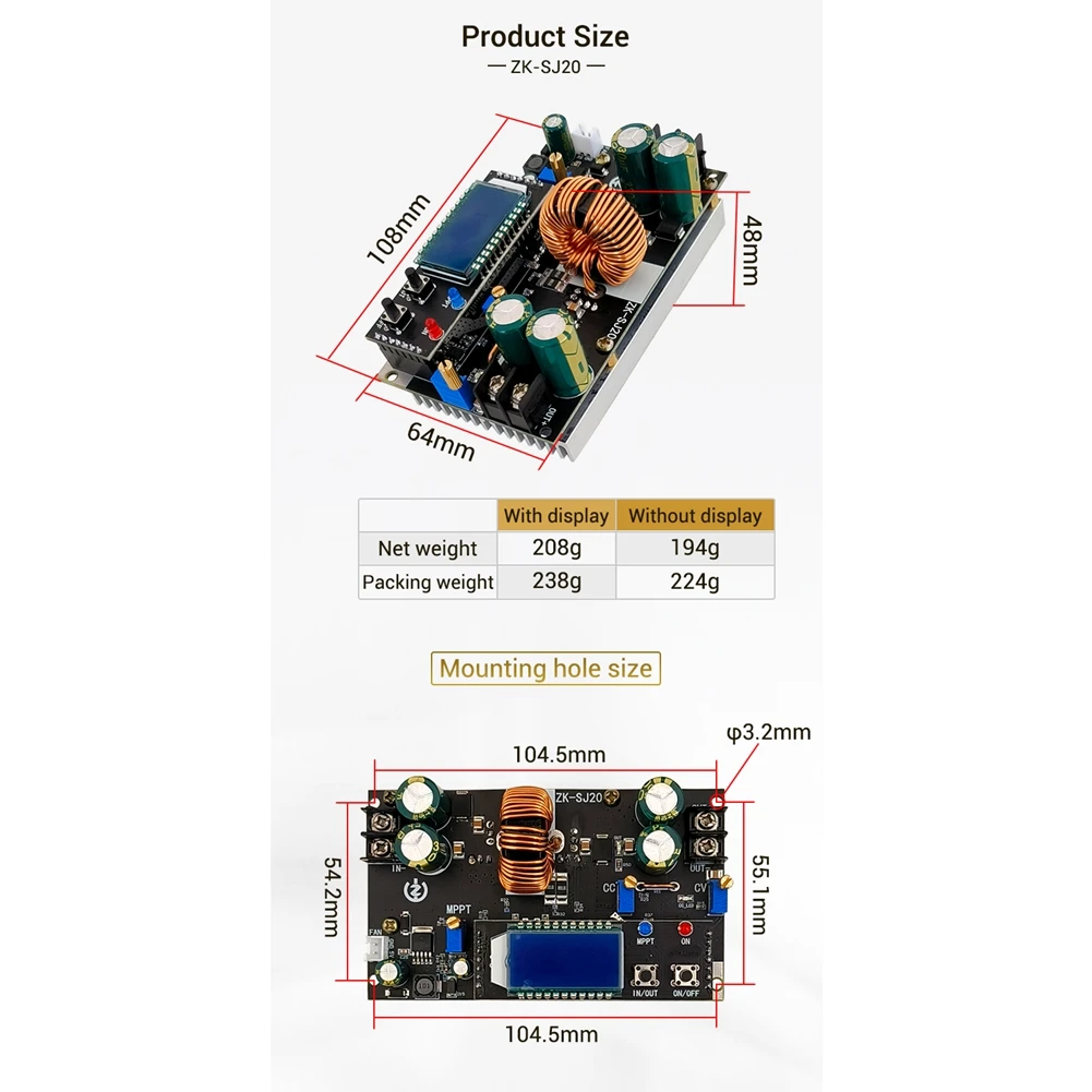 ZK-SJ20 Automatic Step Up Down Module MPPT with LCD Display Buck Boost Converter Power Supply Module Adjustable Board