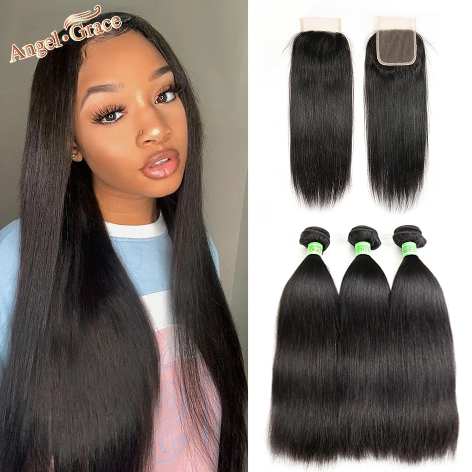 Angel Grace Straight Hair Bundles With Closure Human Hair 3 Bundles With HD Closure Brazilian Hair Extensions Human Hair Remy