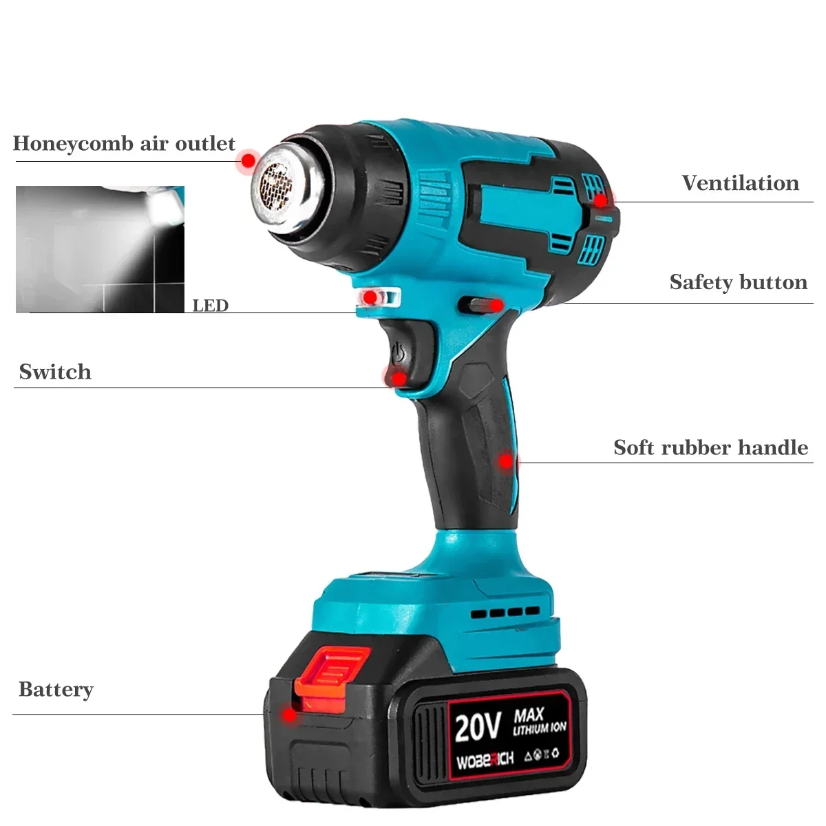 Cordless Handheld Hot Air Gun Electric Heat Gun with 3 Nozzles Industrial Home Shrink Wrapping Tool Cordless Blower For Makita 5