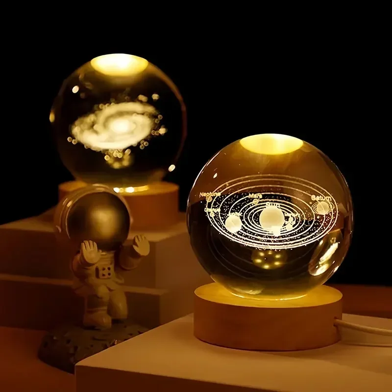 6cm 3D crystal ball glass ball planet earth wooden base solar system galaxy astronomy birthday gift home desktop decoration