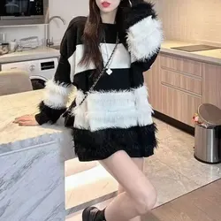 Women's Clothing Korean Striped Sweaters Casual O-Neck Fashion Tassel Spliced Autumn Winter Commute Long Sleeve Knitted Jumpers