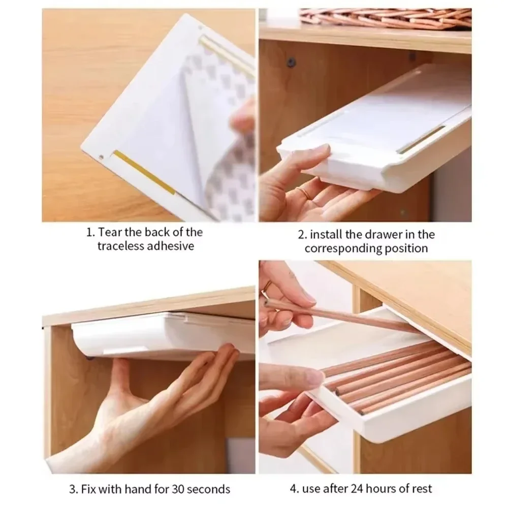 1/2pcs Hidden plastic drawer storage box, desktop no punching makeup brush organizing box, office stationery pasting storage box