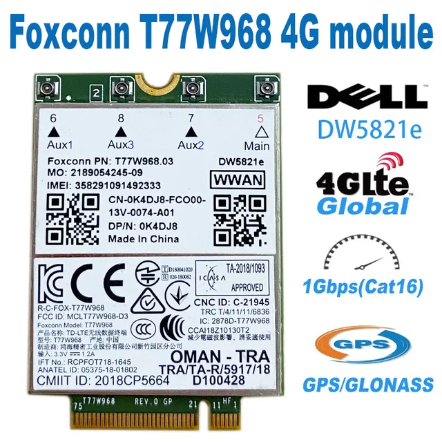 T77W968 DW5821E x20 LTE CAT16 1 Гбит/с Φ 4G модуль для Dell 5420 5424 7424 7400 4