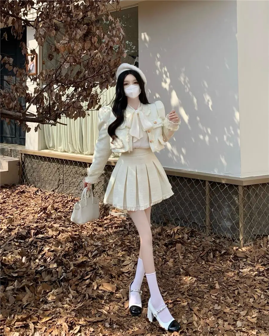 Autumn New French Vintage Tweed Two-Piece Skirt Set Women Short Jacket Coat + Pleated Mini Skirt Suits Korean Luxury Outfits