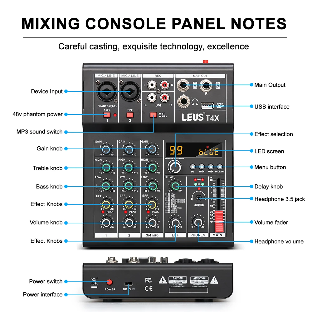 LEUS T4X 4 Channel 99 DSP Effect Audio Mixer Record PC 48V Phantom Power USB Sound Mixers Bluetooth DJ Console Mixing for Karaok