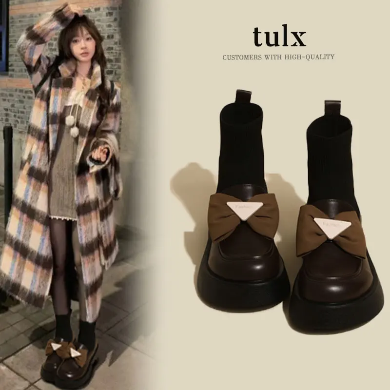 

Thick Bottom Martin Women's Boots 2023 Autumn/Winter New Elastic Slim Fit Boots BowTie Short Boots Socks BootsSmall LeatherShoes