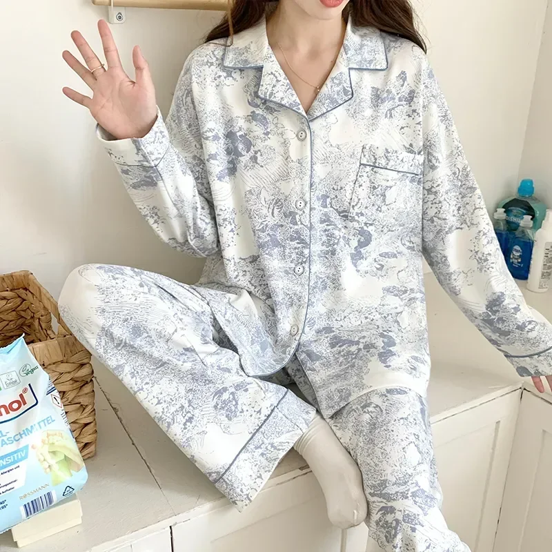 

Pajamas Cotton Korean Home Wear Long-sleeved Autumn 2023 Tie-dye Two-piece Set Pyjamas Women's Suit Lapel Sleepwear Casual Loose