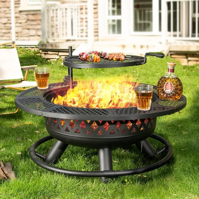 36 Inch Fire Pit with Grill,Wood Burning Fire Pits for Outside with Lid& Fire Poker,Round Metal Firepit Table 3 in 1 with Cookin 1