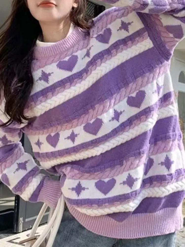 

Casual Striped Knitted Contrast Women's Sweater Oversized Printed O-neck Long Sleeve Jumpers 2023 Autumn Streetwear Lady Tops