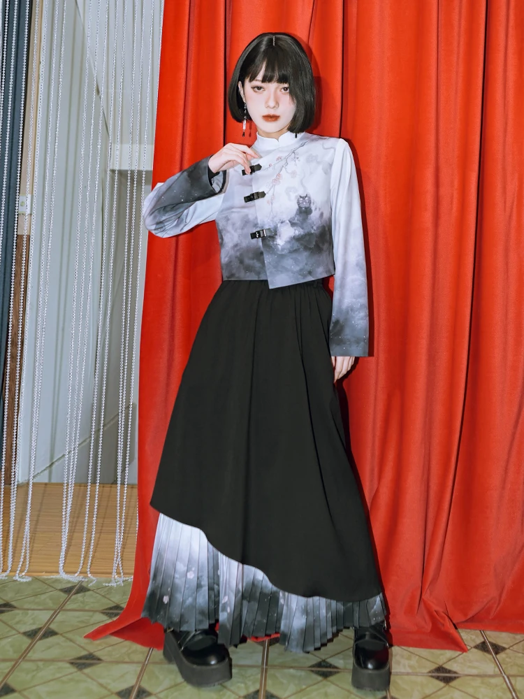 New Chinese Style National Style Han Elements Irregular Suit Tops Montage Maxi Dress A-line Skirt Chinese