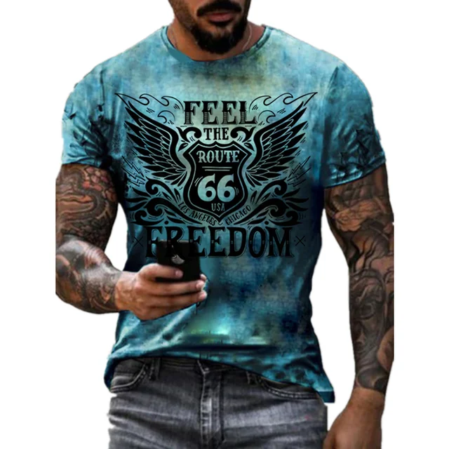 Summer New Men's Retro T-shirt US Route 66 Letter Print Short-Sleeved Oversized Loose y2k Clothes O Neck Top Streetwear 6xl S2084