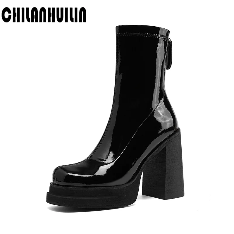 

ankle boots for women pop patent leather ankle boots sexy lady square toe high heels riding boots autumn winter boots heels shoe
