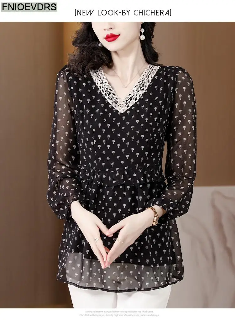 M-5XL 2023 Women European Style Office Lady Long Shirt Patchwork Lace Floral Print Ruffle Belly Black Tunic Peplum Top Blouse