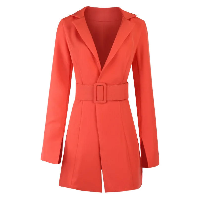 Women Simple Office Blazer with Free Big Belt Buttonless Solid Color Mid Length Casual Blazer Suit 2024 New Fashion Commute Wear