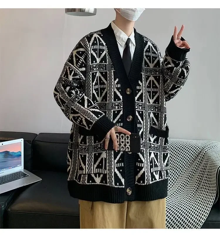 Description Picture 6 of itemHong Kong Style Autumn/winter New Loose-fit Vintage Printing V-neck Outerwear Knitted Sweater Cardigan Jacket Men's Fashion