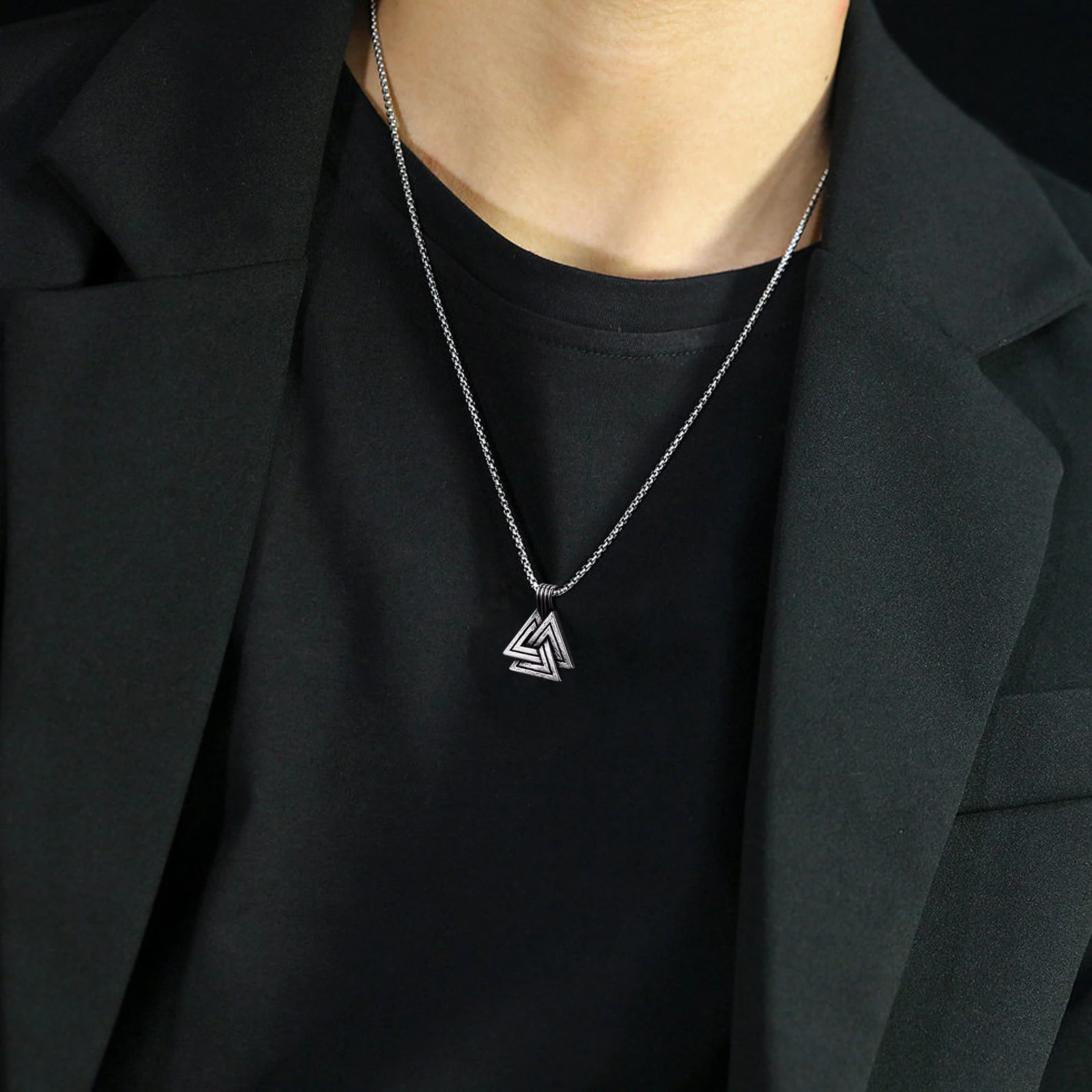 Norse Jewelry Viking Knot stainless steel jewerely Amulet Valknut Triangle Pendant necklace Pendant，Unisex Necklace