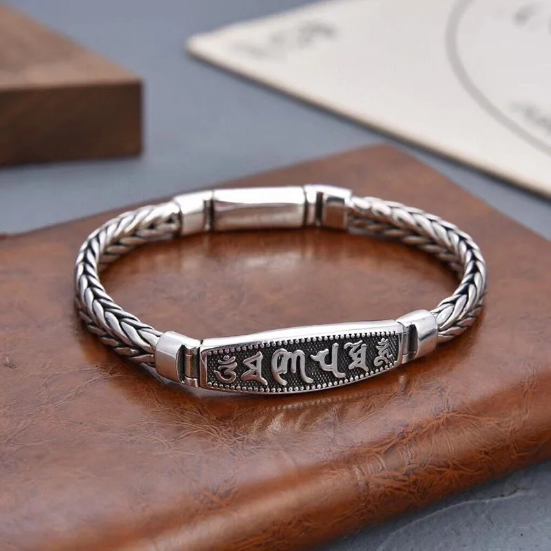 

S925 pure silver ancient fashion accessories personality six words hand-woven bracelet bracelet gifts for men and women