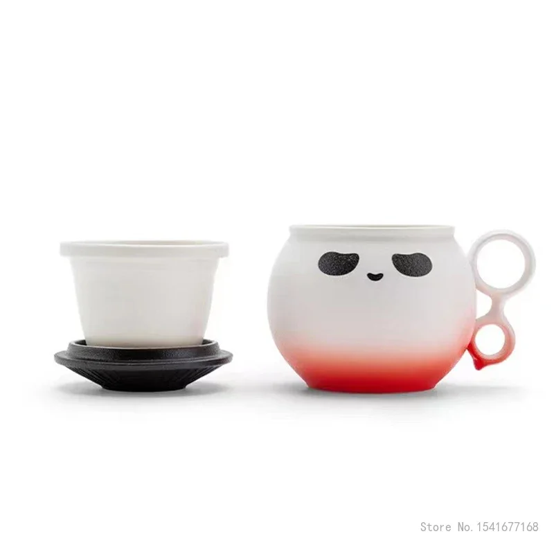 Chinese Style Creative High-end Cartoon Handle with lid Mug, Ceramic Home Office Supplies Tea Water Separation Cup Gift Box, 1Pc