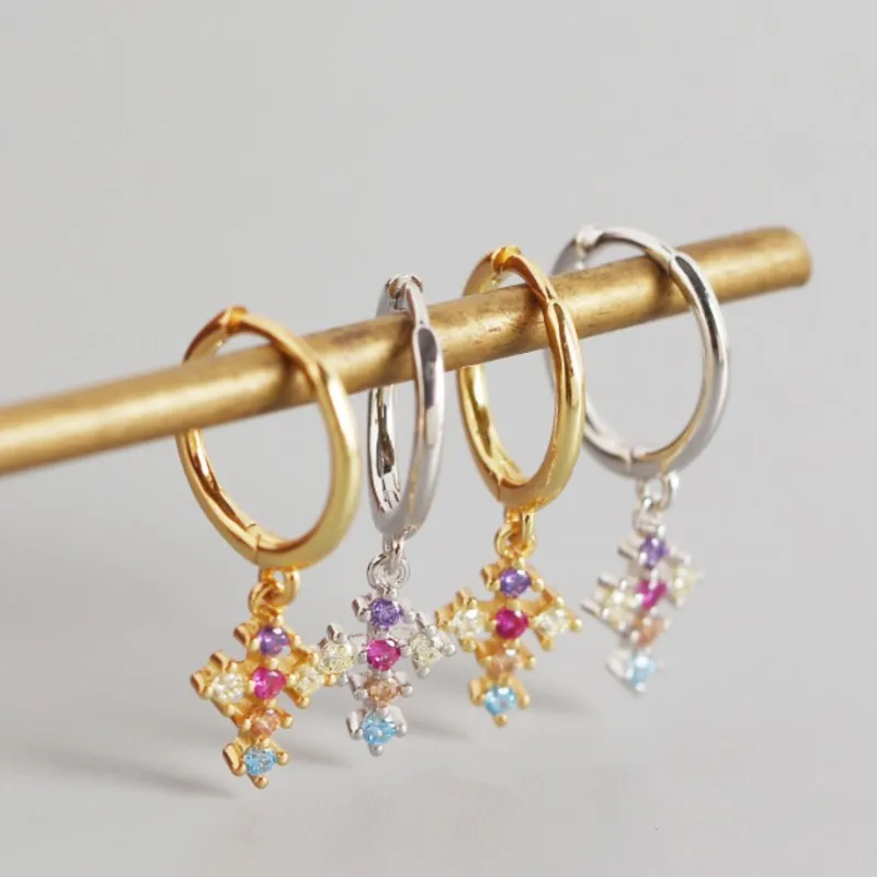 Elegant Cross Pendant Rainbow Zircon Hoop Earrings for Women 2025 New Fashion Hiphop Earring Party Jewelry Gifts