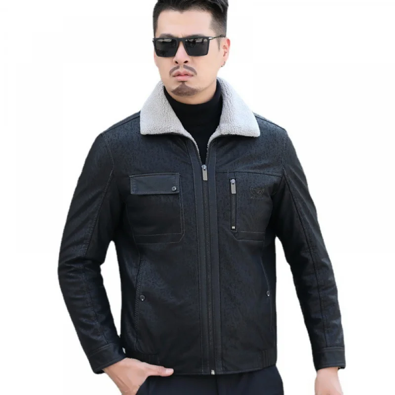 

Winter Thicken Thermal Men's Down Dad's Haining Sheepskin Genuine Leather Clothes Coat plus Size Leather