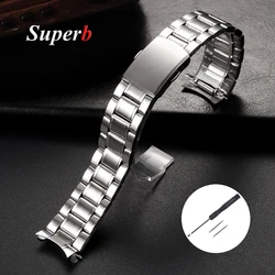 Curved End Stainless Steel Watchband with Folding Buckle - Men's Bracelet - 22mm (Silver)