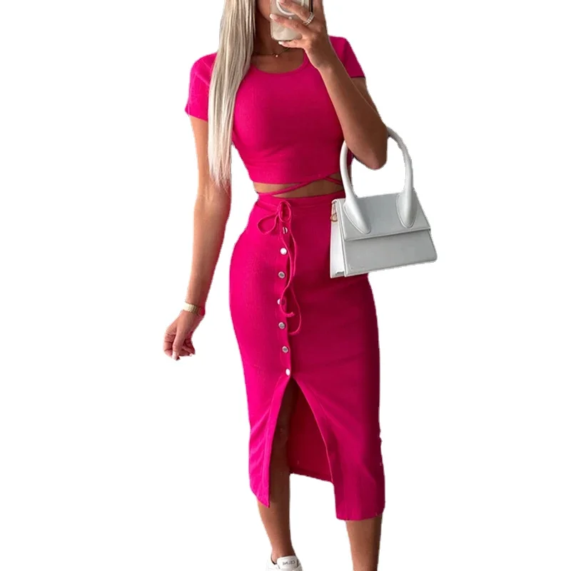 

Summer Solid Color Ribbed Knitted Set Elegant O Neck Lace-up Tops+Button Split Skirt Set Female Short Sleeve Slim Office Outfits