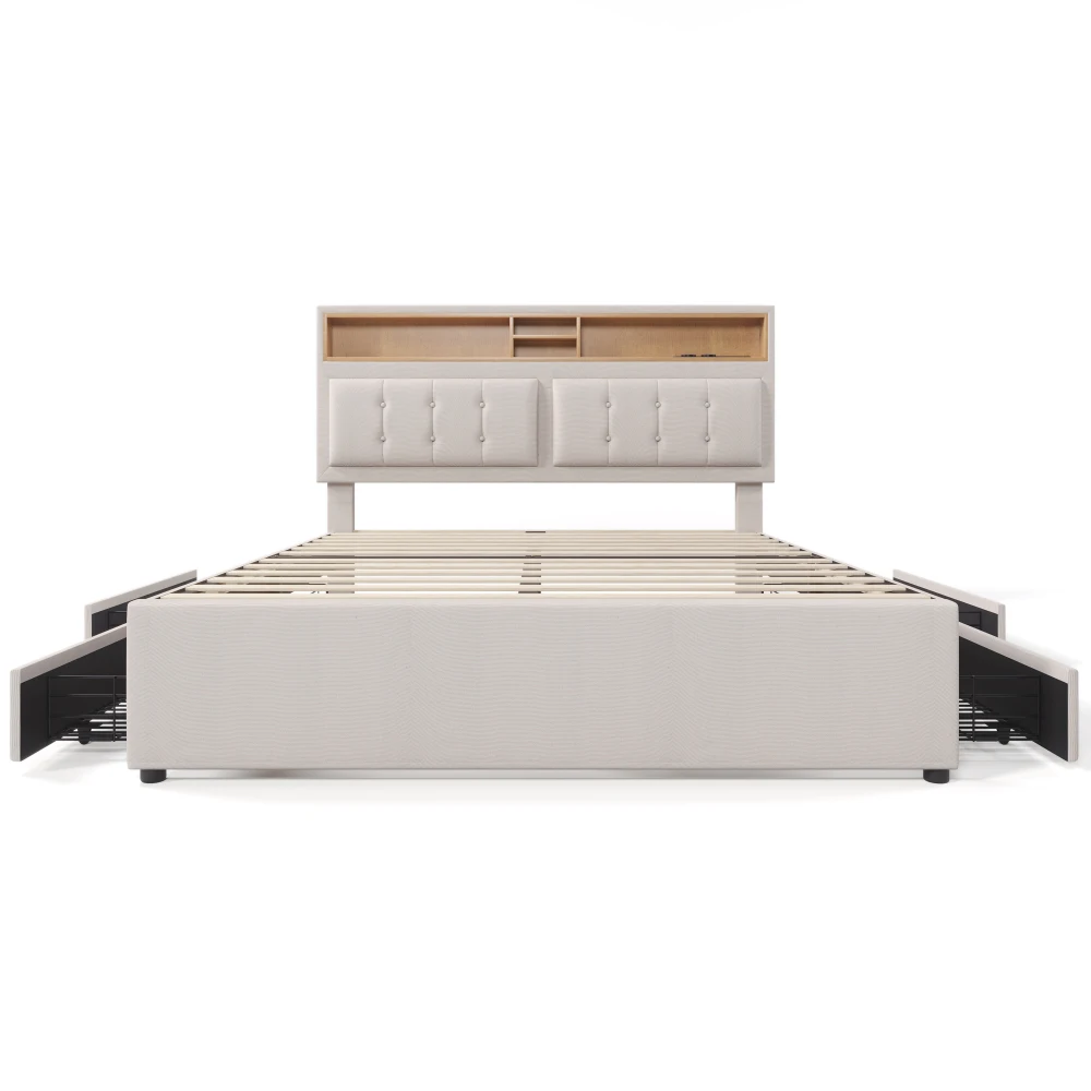 PINGGO Doppelbett mit 4 Schubladen & USB-C-Anschluss, Polsterbett 140x200cm, Höhenverstellbares Kopfteil, Holzlattenrost – Detail 16