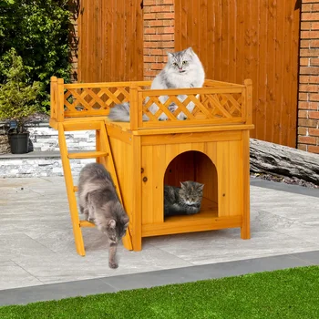 2-Story Wooden Feral Cat House Dog House for Outdoor and Indoor, Pet House with Stairs, Yellow 4