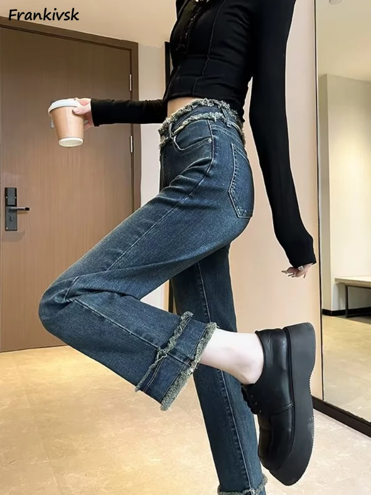 

Women Jeans Slim Raw Edge Washed Retro European Style Schoolgirl Aesthetic All-match Trendy Cozy Stretchy High Waist Bleached