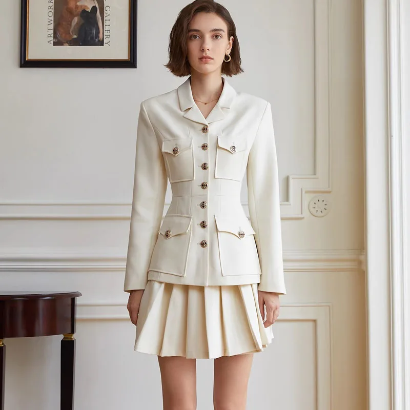 

Женский облегающий пиджак и плиссированная мини-юбка, простые костюмы из двух предметов с мини-юбкой в стиле Харадзюку, черного и абрикосового цветов