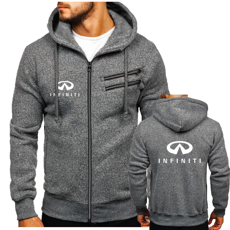 

Casual sports Double zip design street men's hooded sweatshirt Infiniti car logo print loose hooded jacket Trend men's hoodie