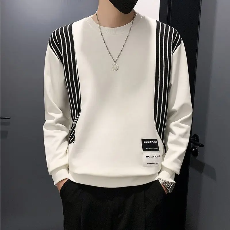 Men's Round Neck Striped Hoodies Spring and Autumn Fashion Loose Thin Long Sleeve Patchwork Letter 2023 New Pullover Casual Tops
