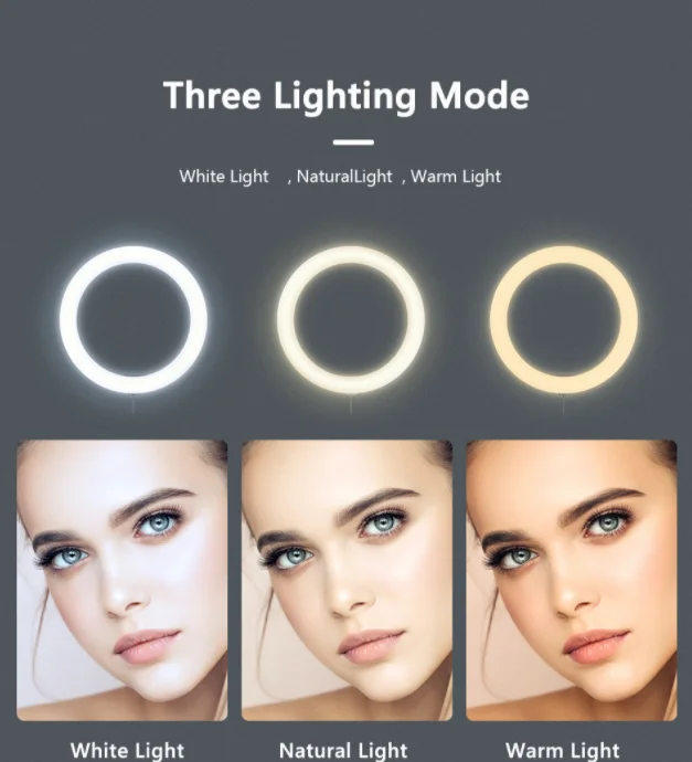 10" Photography Makeup Lamp Mirror LED Selfie Light 260MM Dimmable Make Up Camera Phone Lamp with Table Tripods Phone Hold Stand