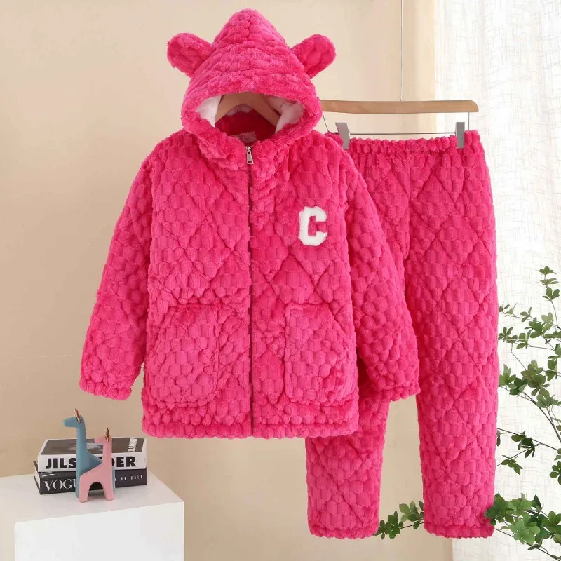 2024 New Women's Winter Sleepwear Thicken Coral Fleece Loungewear Famale Three Layer Cotton Pajamas Plush Lady Warm Homewear Set