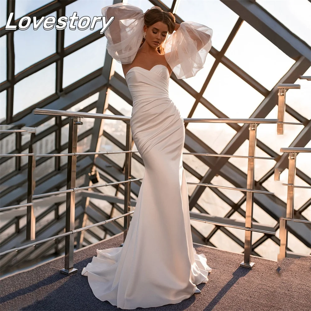 

White Ivory Mermaid Wedding Dresses Puff Sleeves Bride Robes Backless Bridal Gowns Sweetheart Neck Boho Lace Vestidos De Noiva