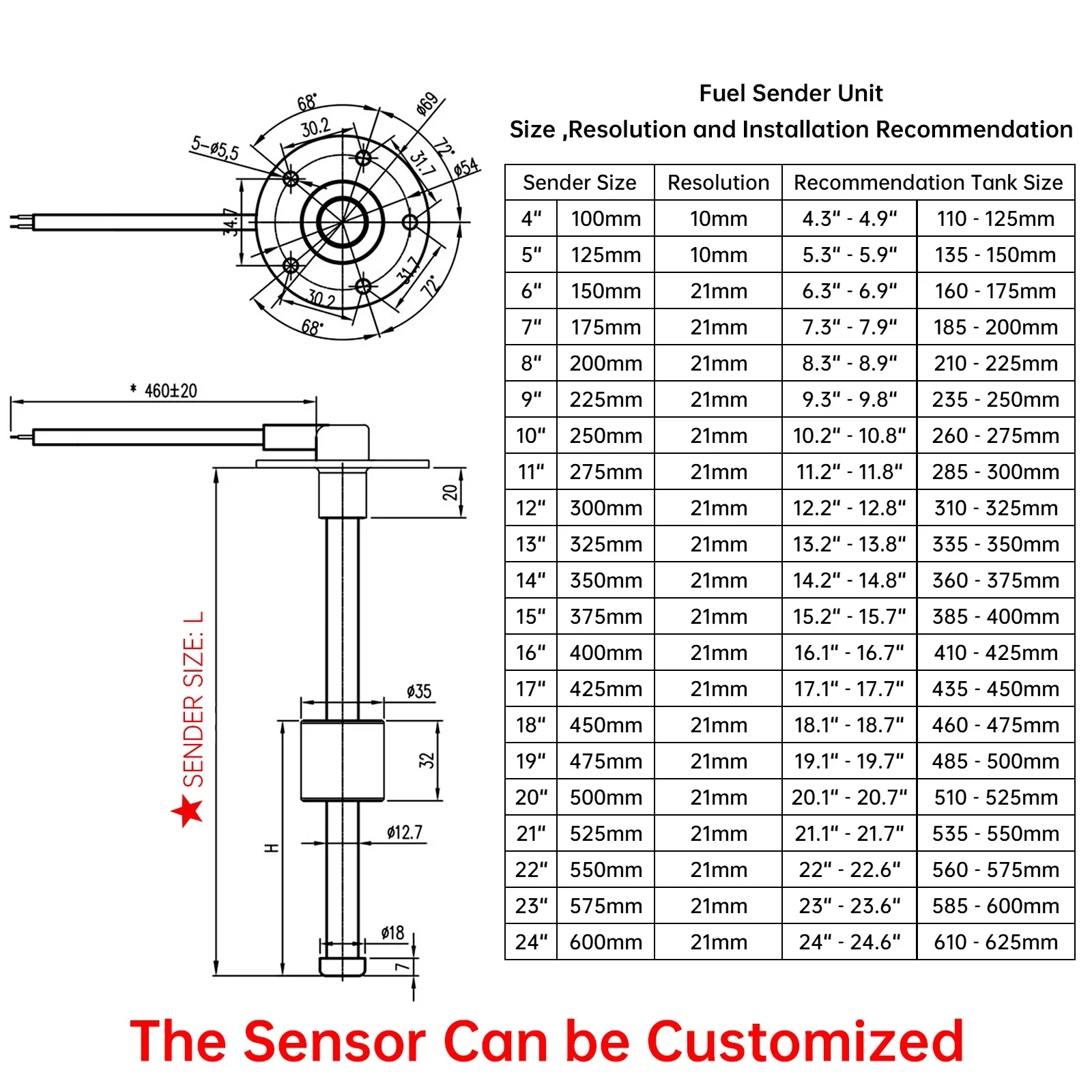 52mm Water Level Gauge+Water Level Sensor 100-500mm Water Tank Meter Indicator W