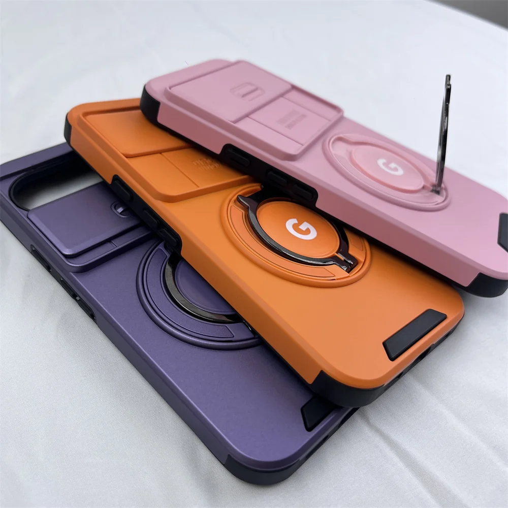 Hybrid Dual Layer Armor Case with Metal Ring Stand and Slide Camera Lens Protection