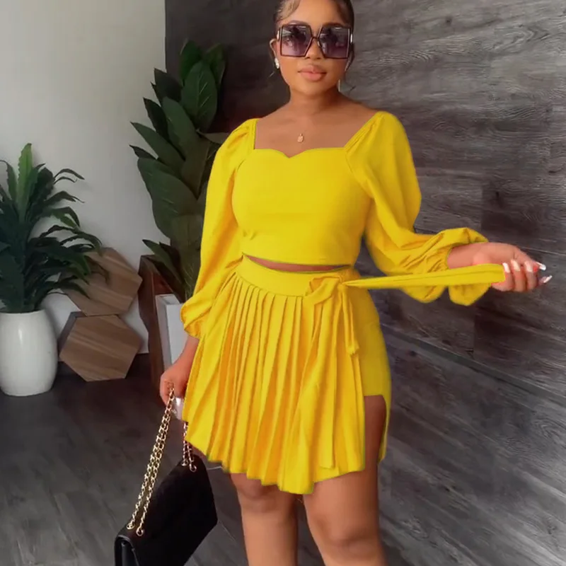 

Spring Two Piece Sets Womens Outfits Pleated Skirts Club Outfits for Women Split Long Sleeve Crop Top and Mini Skirt Dress Sets