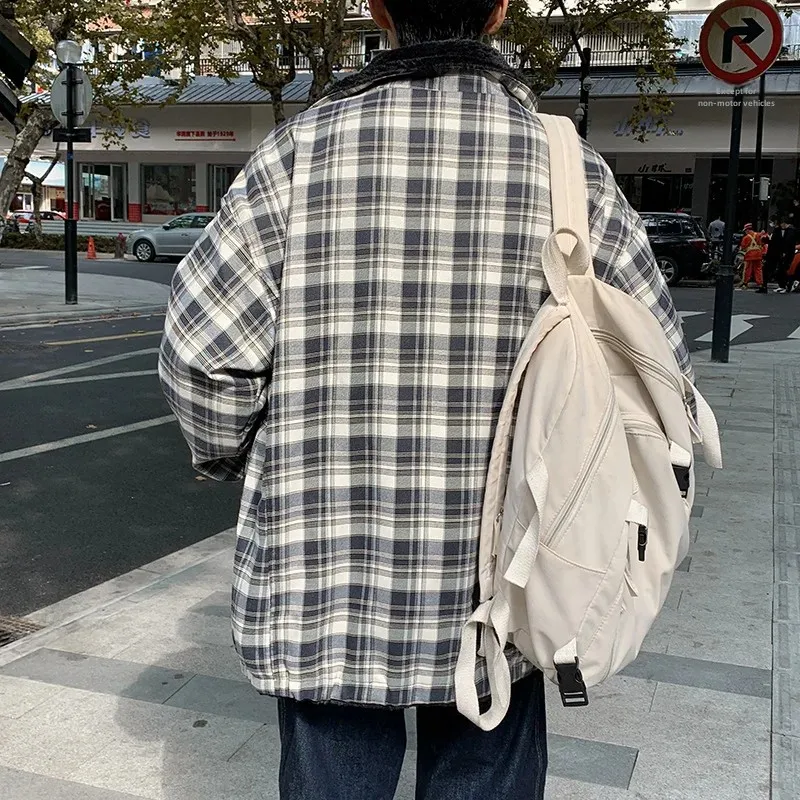 남성용 양면 모직 재킷, 가을 겨울 트렌디 체크 무늬 멋진 힙합, 홍콩 스타일 학생 코튼 패딩 코트, 가디건