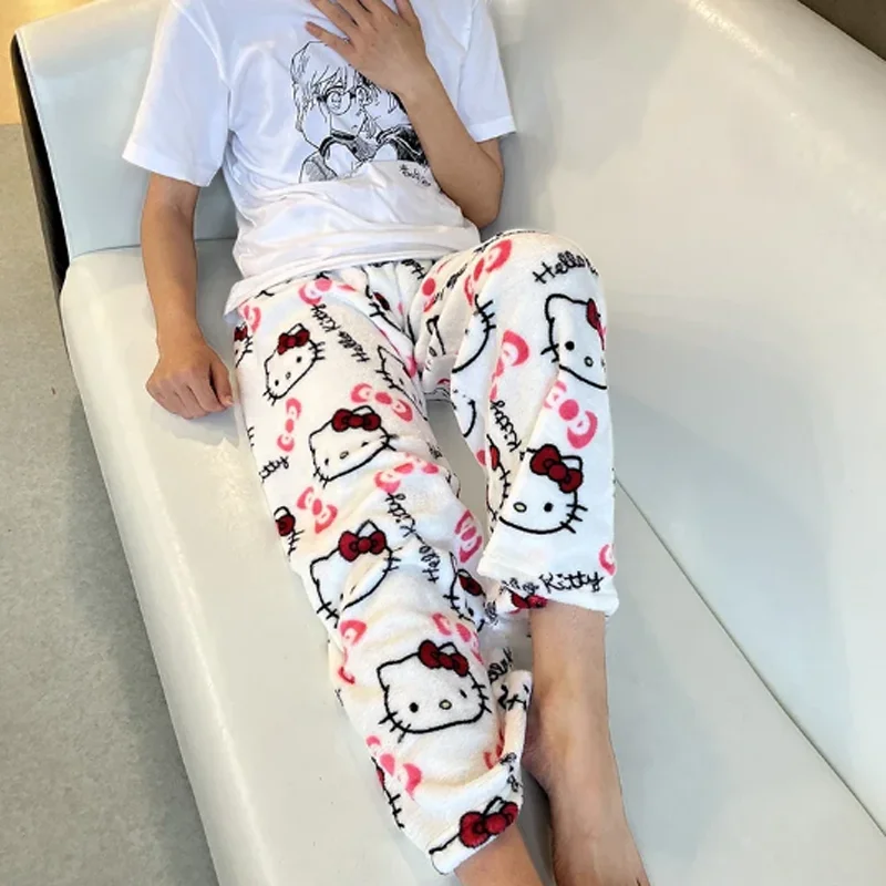 Hello Kitty Cute Sanrio Cartoon Pajamas Anime Pants Multicolour Flannel Women Casual Home Fashion Trousers Girl Clothes Gift