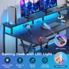Gaming Desk 70.8'' with LED Lights and Storage Shelves, Computer Desk with Monitor Stand, Power Outlets and Cup Holder, Large P 3