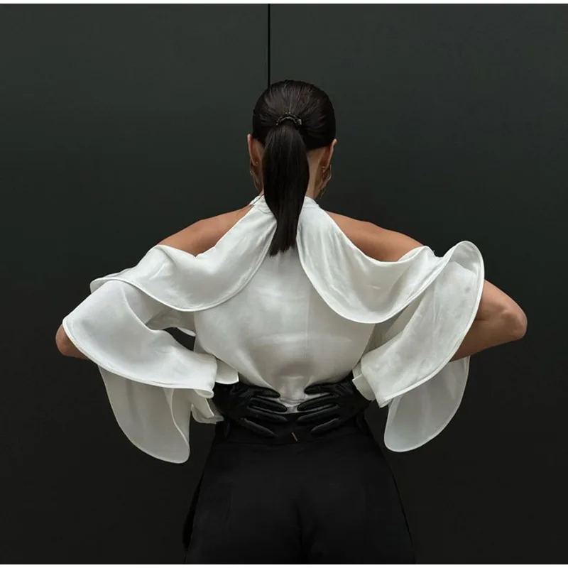 Elegant White Ruffle Halter Shirts Women Vintage Loose Hollow Out Single Breasted Blouses Female Autumn Chic High Street Tops