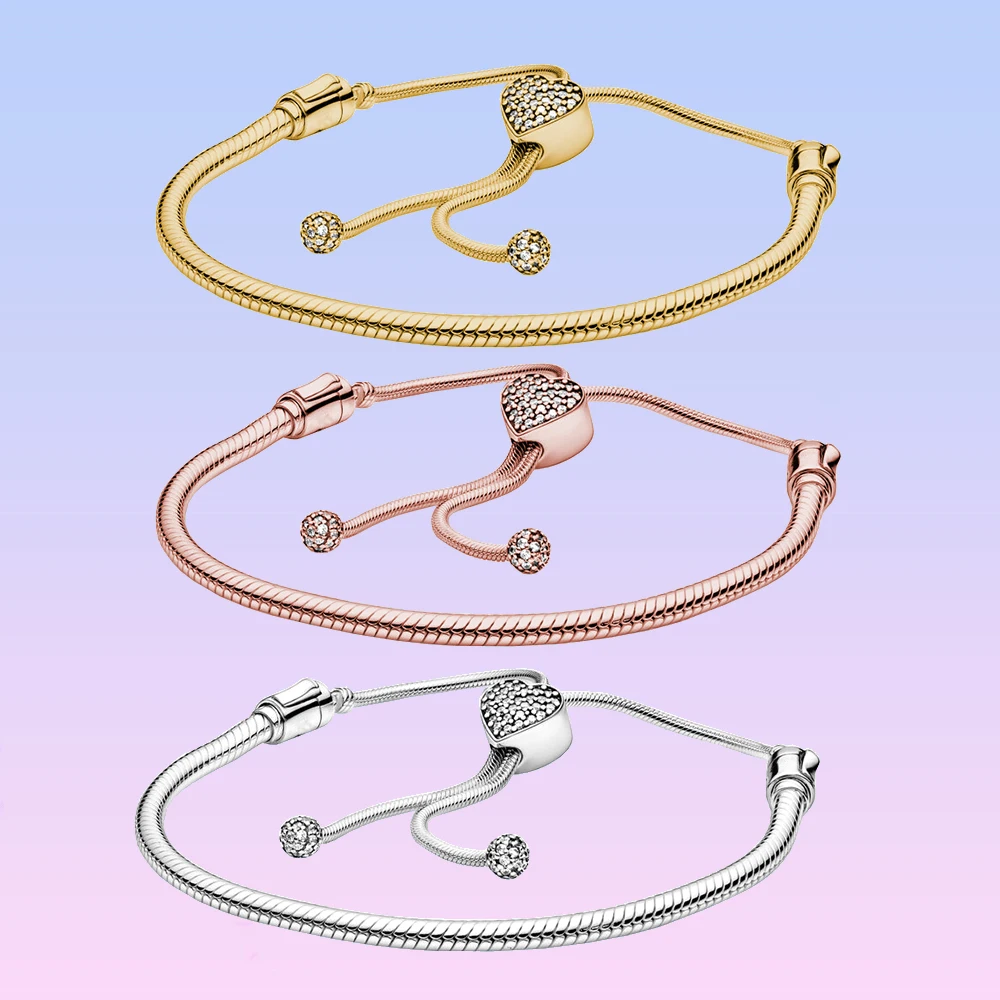 925 Sterling Silver Pandora Moments Pavé Heart Clasp Snake Chain Slider Bracciale Fit Original Charm Beads Making For Women Gifts