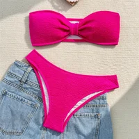 Sexy Rose Red Bikini Bandeau Swimsuit Y2K Rib Vacation Swimwear Backless Strapless Bikinis Thong Women Beach Outfit Bathing Suit