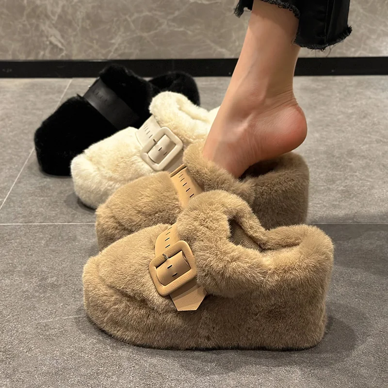 

Shoes On A Wedge Womens Slippers Outdoor Fur Flip Flops Cover Toe Heeled Mules Pantofle Flock Platform Slides Plush High 2023 Ro