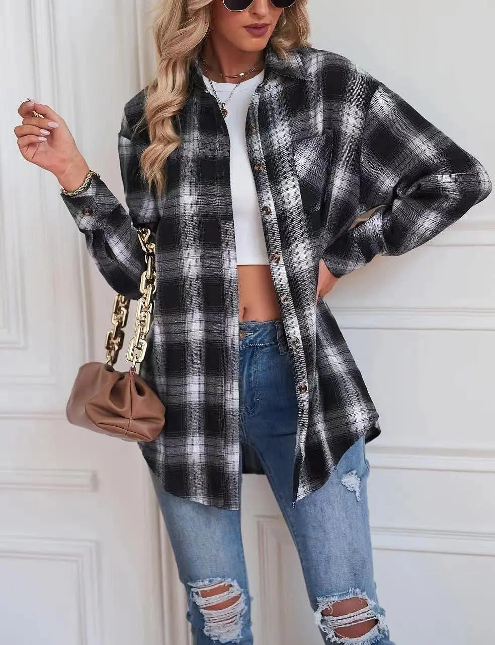 Pregnant women's new foreign trade European and American lapel loose button flannel shirt plaid long sleeved top jacket
